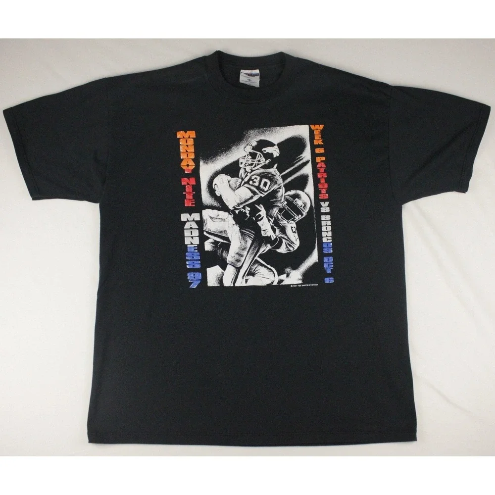 Vintage 1997 Monday Nite Madness Patriots vs Broncos T-Shirt Men XL Black‎